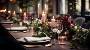 Elegant And Select Wedding Decoration Restaurant Table Wine Glass And Appetizers, On The Bar Table Soft Light And Romantic Atmosphere Dinner Service Menue Guests Candle